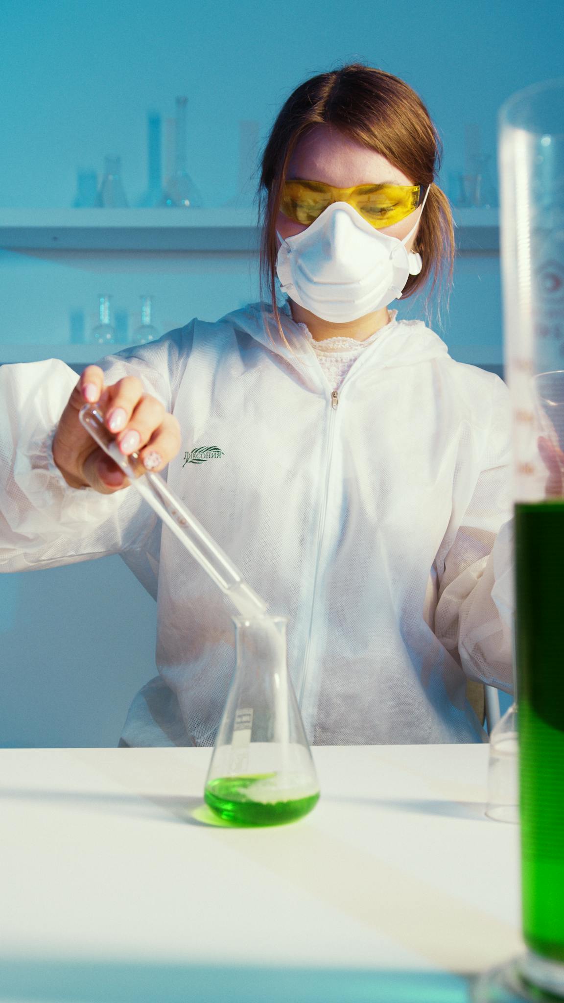 A female scientist wearing protective gear working with test tubes in a lab.